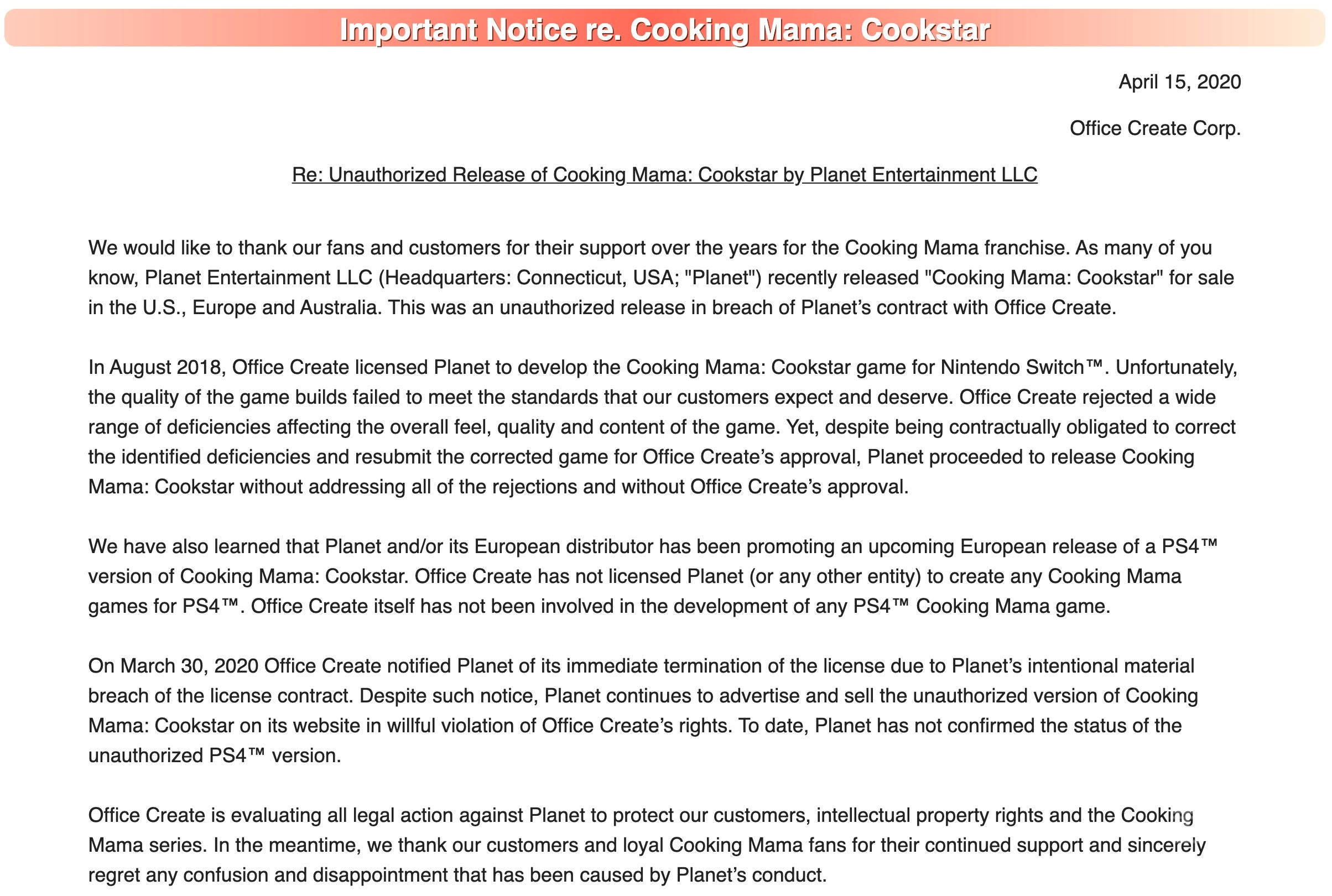 《Cooking Mama:Cookstar》正貨變翻版？Planet Entertainment回應這麼說～