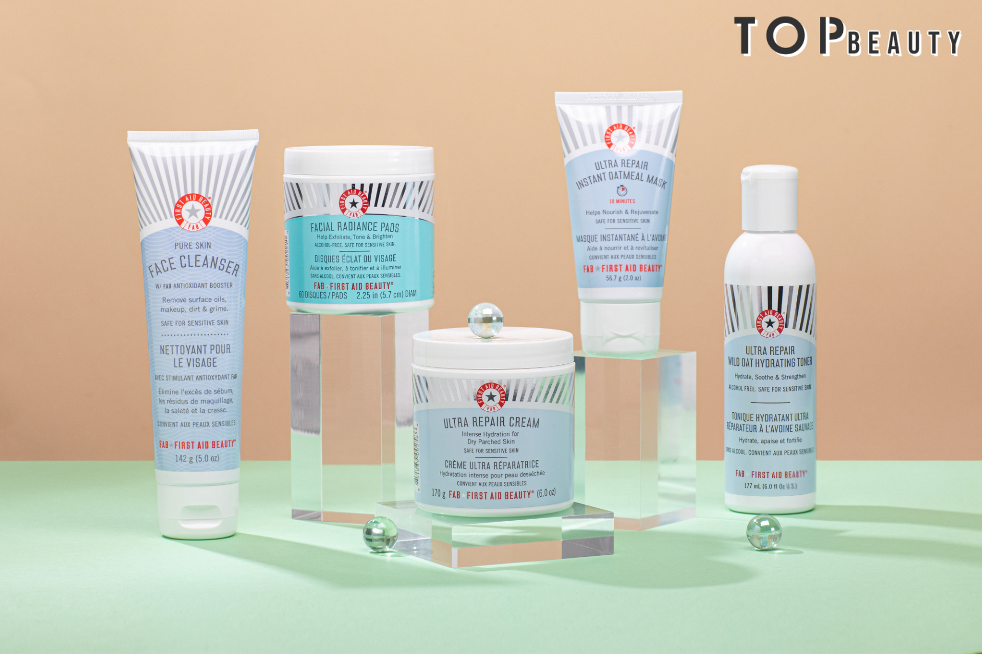 First Aid Beauty 強效保濕修復面霜 $249 170g / 溫和深層潔淨洗面乳 $169 142g/ 柔膚提亮去角質潔膚片 $249 60pads / 燕麥補水修復面膜 $189 56.7g / 強效修復燕麥舒緩爽膚水 $169 177ml 