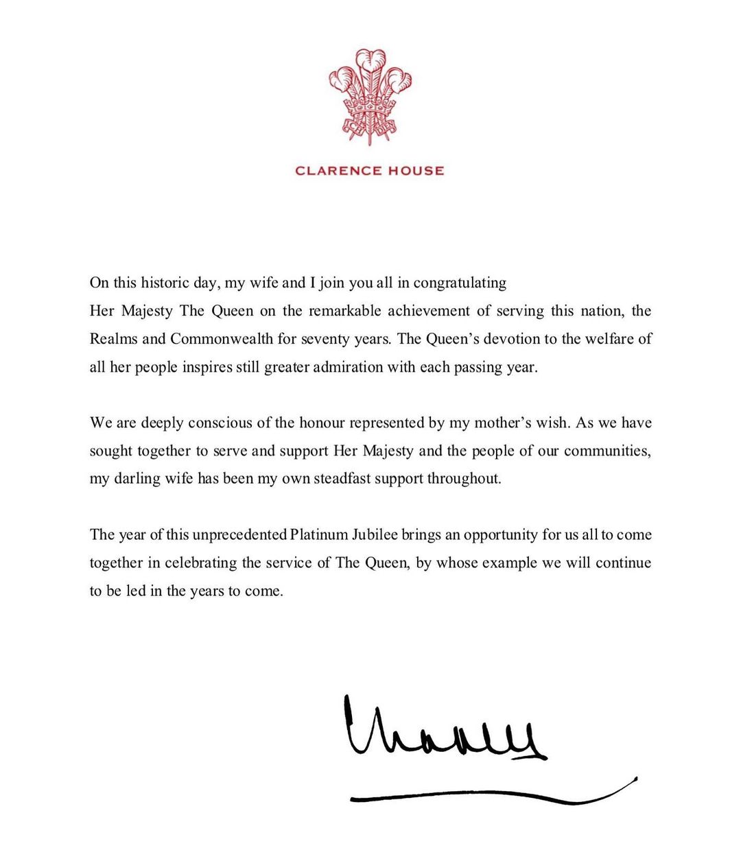 威爾士親王查理斯及康沃爾公爵夫人（即卡米拉）深受感動及榮幸