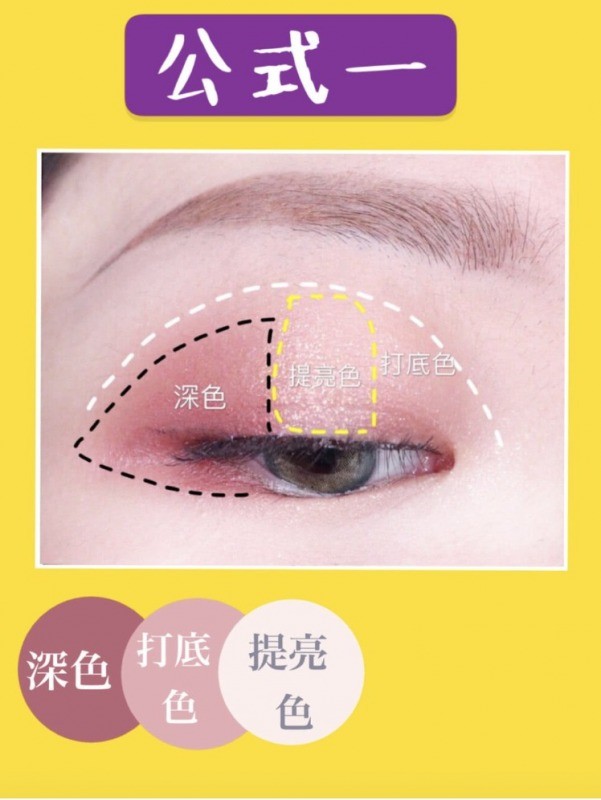 首先將眼影盤的顏色:打底色、深色和提亮色畫在相應眼皮位置。