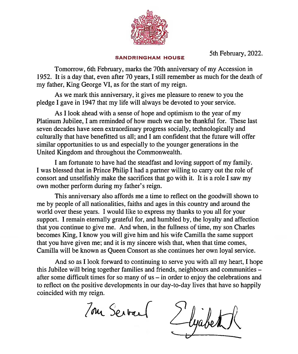 英女王登基70周年公開信