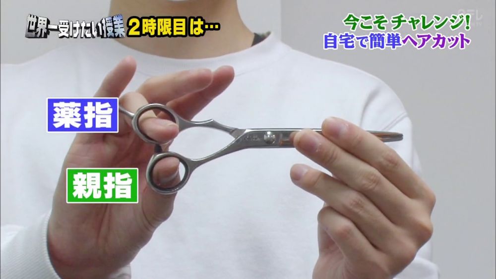 用姆指及無名指穿過剪刀的洞口,其餘的手指則用於固定剪刀。