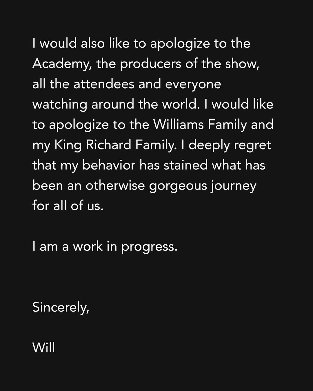 韋史密夫(Will Smith)公開向基斯洛克(Chris Rock)道歉