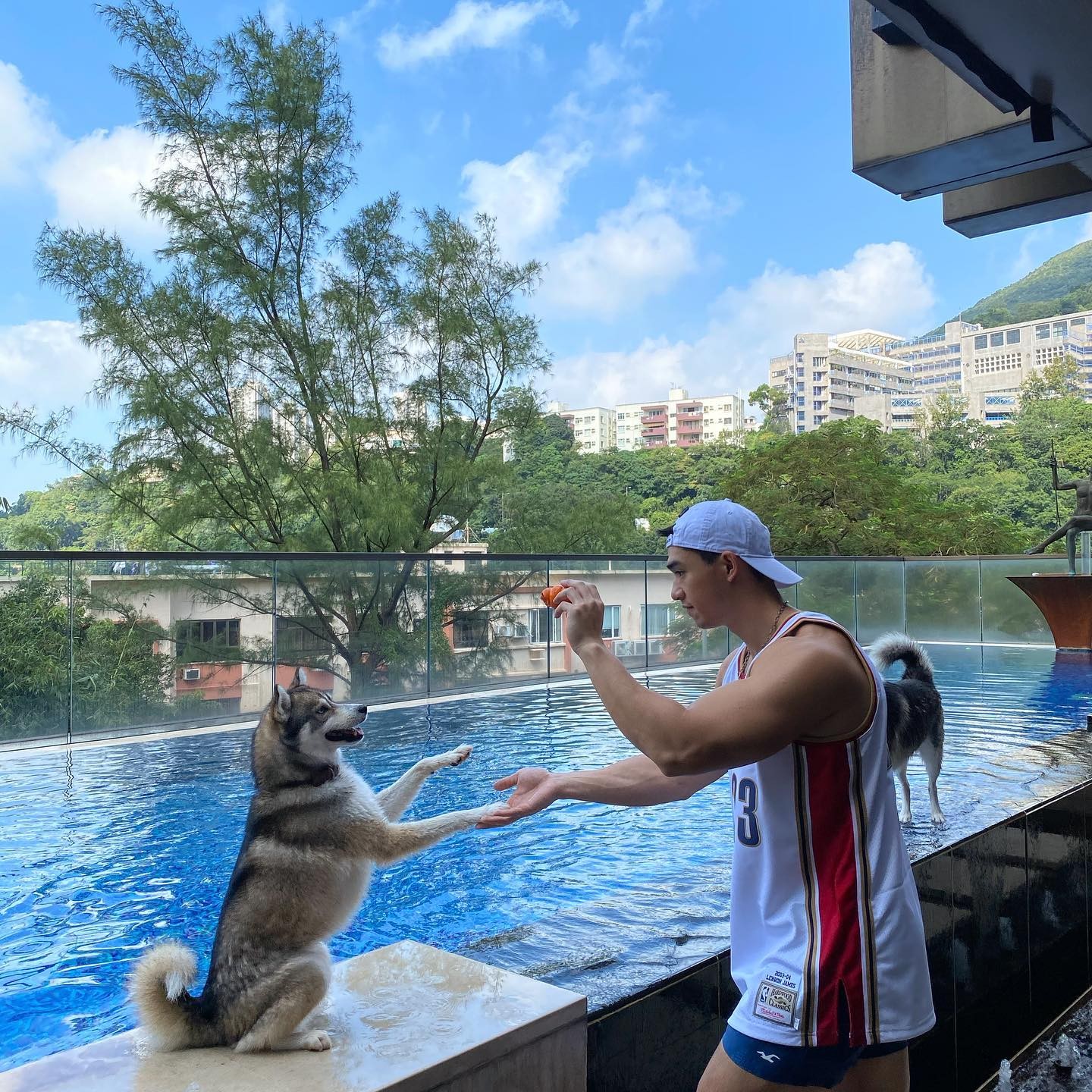 吳婉芳細仔胡智同經常同愛犬在泳池玩。