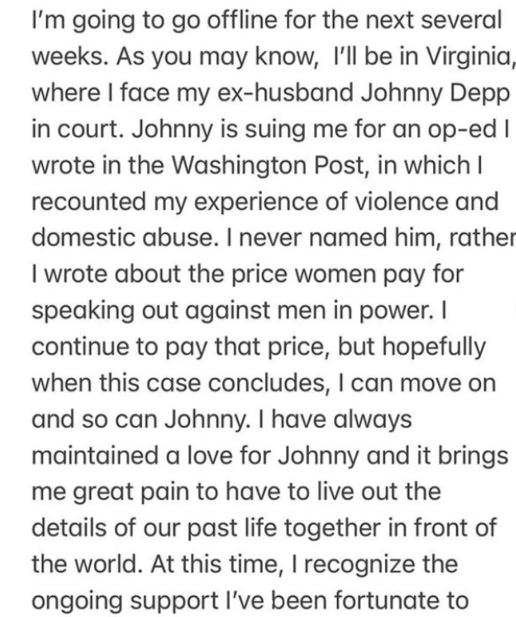 安芭赫德(Amber Heard)在官司開審前就曾在IG上表示依然深愛Johnny Depp