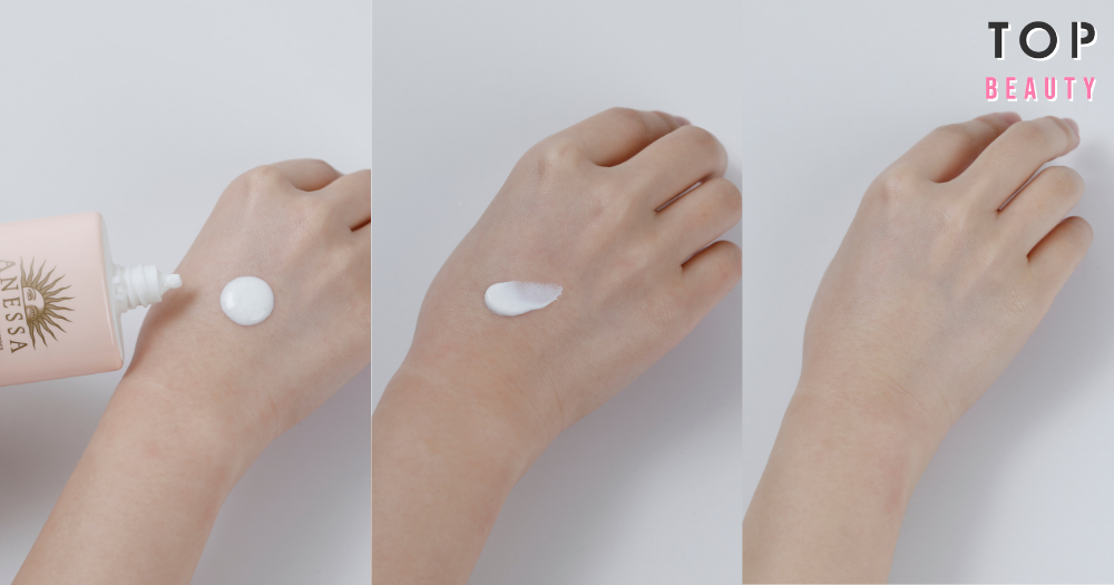 ANESSA極防水輕爽低敏UV乳液質感清爽，十分容易推開，瞬間與肌膚融合，絲毫沒有泛白情況。相片來源：TopBeauty