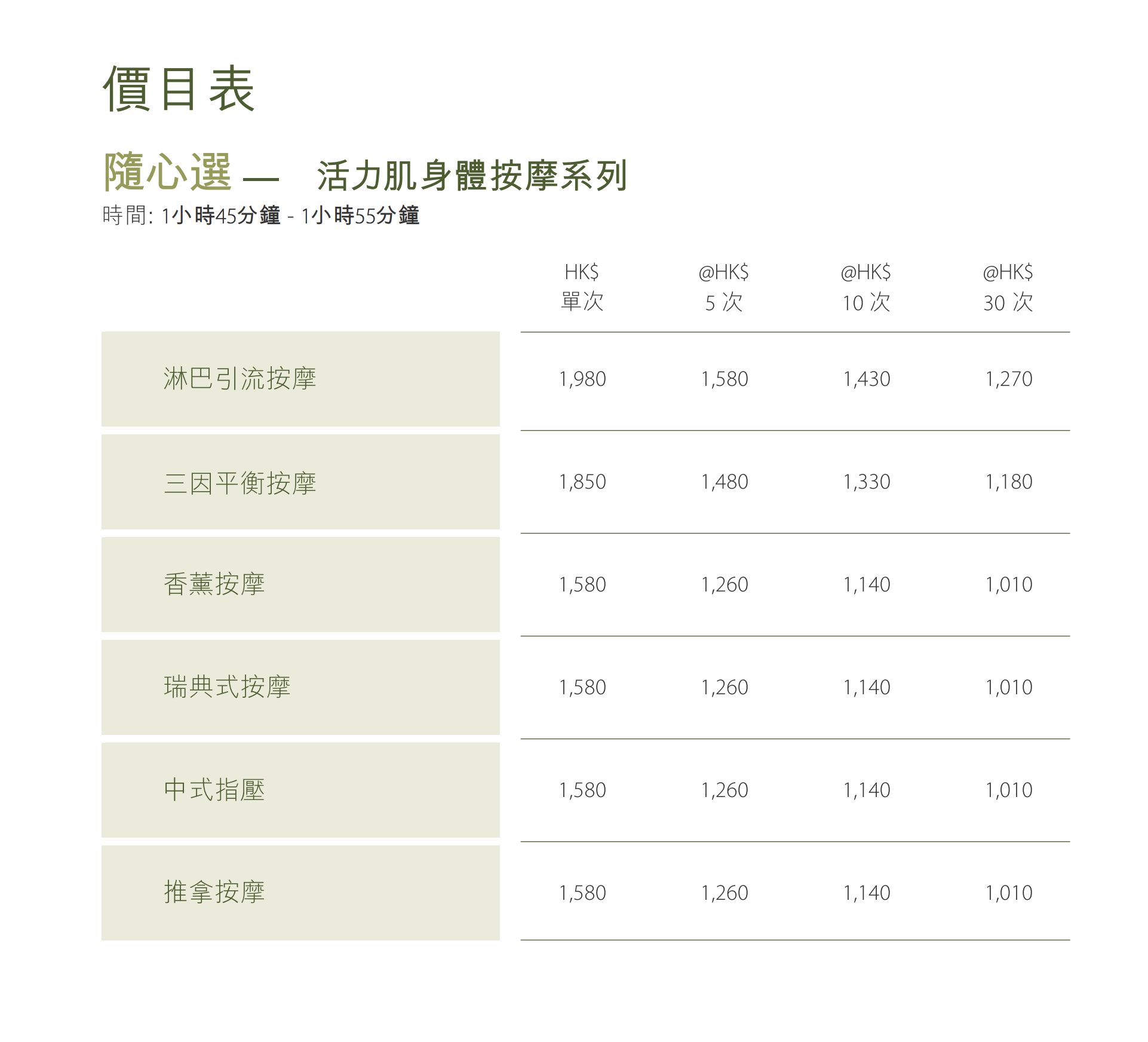 Spa By MTM療程價目表