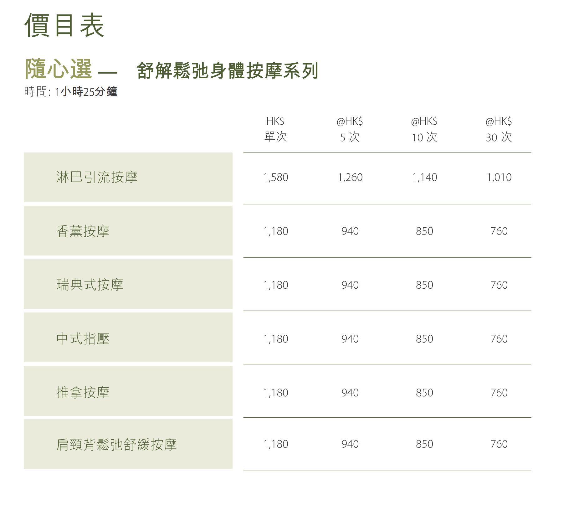 Spa By MTM療程價目表