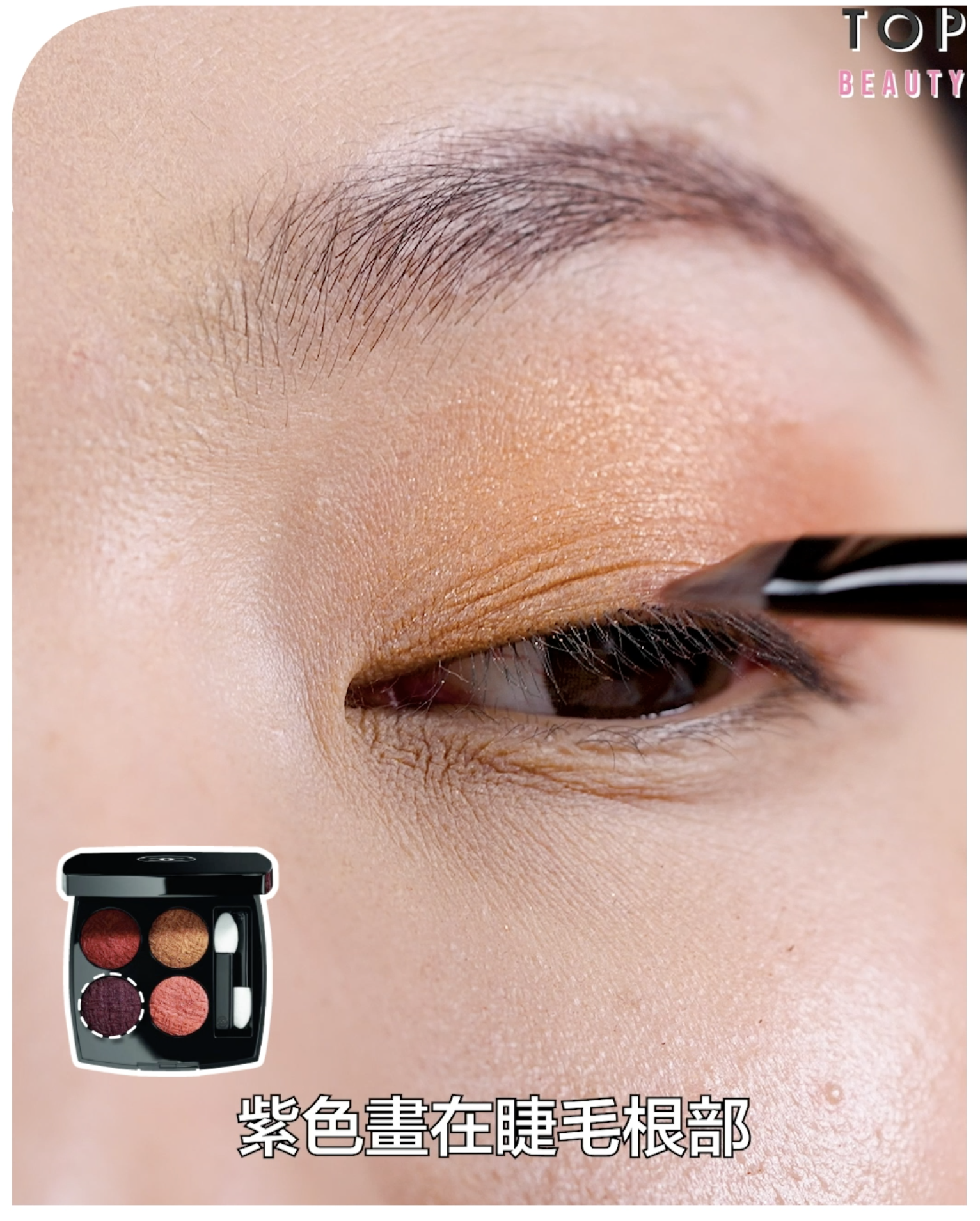 暖橘色漸層眼影畫:斜平掃把啡紅色作眼線般畫在睫毛根部