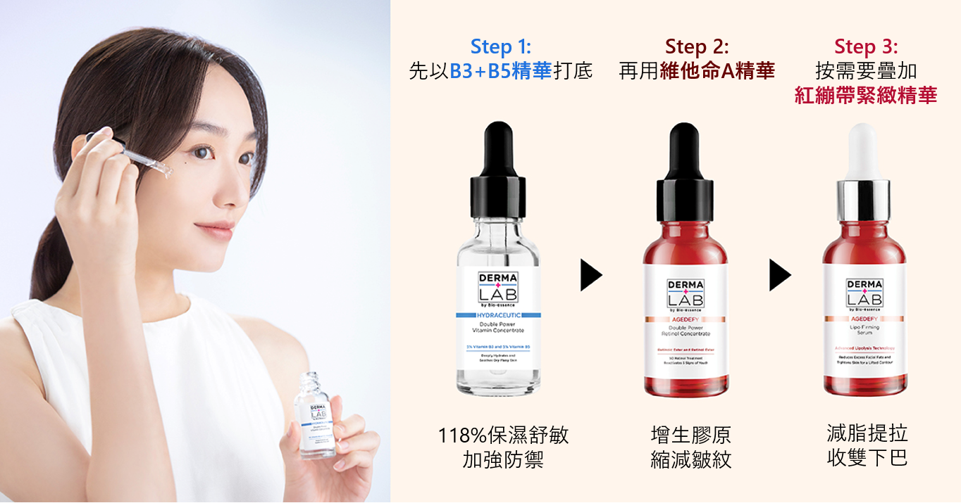 乾燥敏感肌膚或於轉季時，可先以B3+B5保濕精華打底，再疊層使用雙維他命A精華及紅繃帶緊緻精華，加乘抗皺緊緻效果。