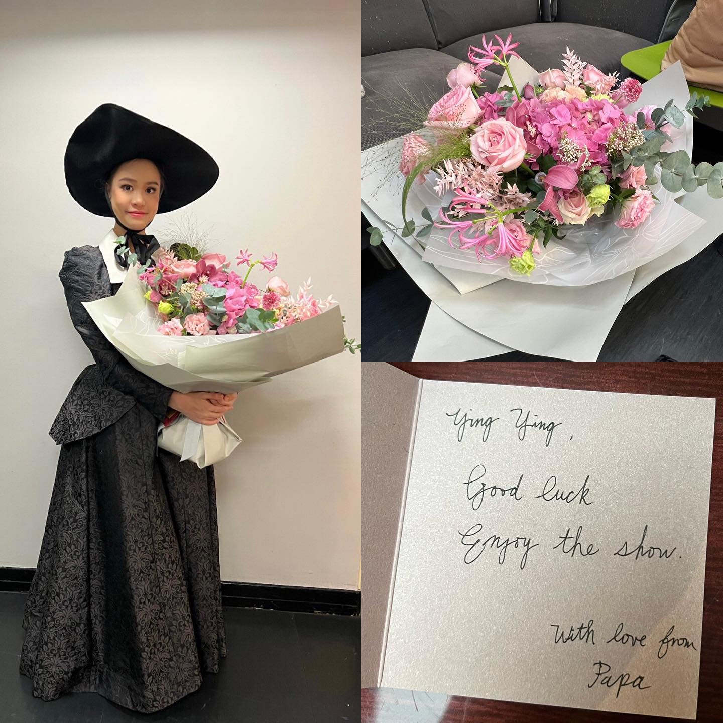 劉鑾雄送上花束,並親筆題字力撐愛女:「盈盈,祝你好運,享受表演。」