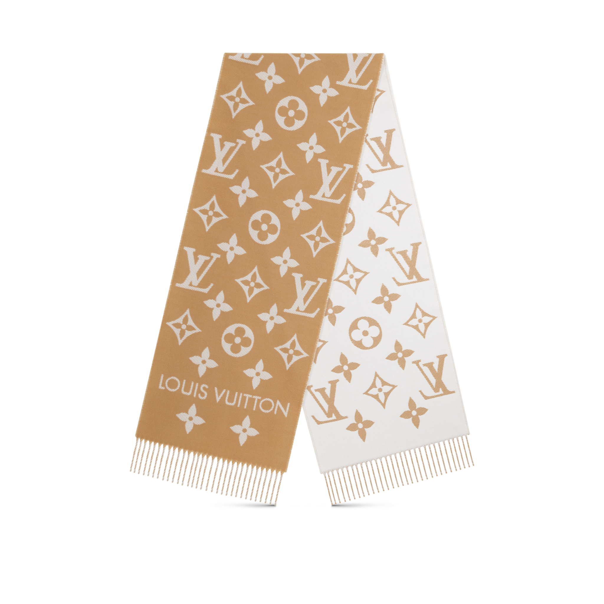 LV Essential 圍巾以加闊間距重塑經典的Monogram圖案,再配以流蘇飾邊。