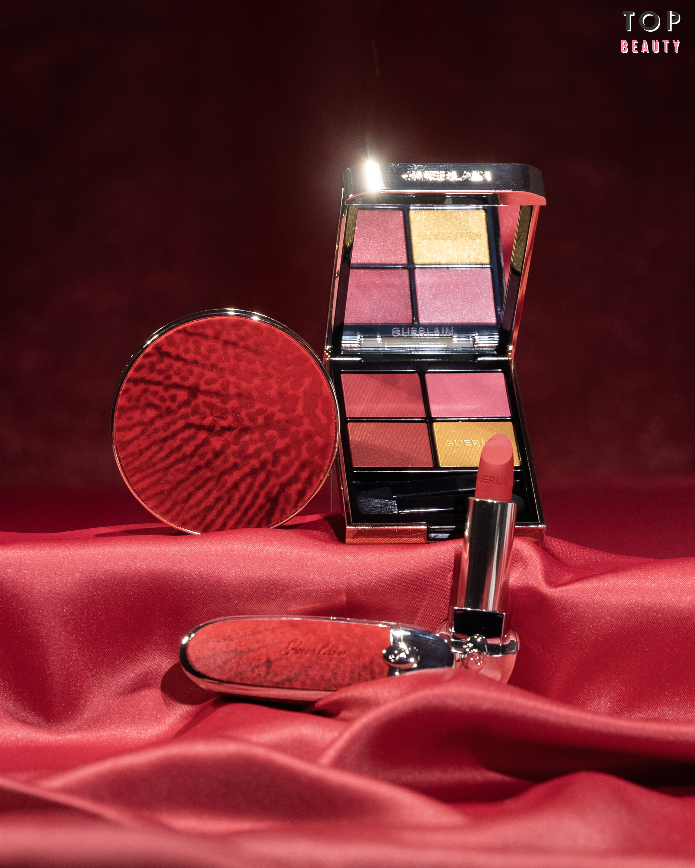 Guerlain 魅紅秀蘭彩妝系列-寶石唇膏$550、OMBRES G眼影組合蕙紅秀蘭四色眼影$775、限量版嫣紅蘭花金鑽修顏氣墊粉盒$680