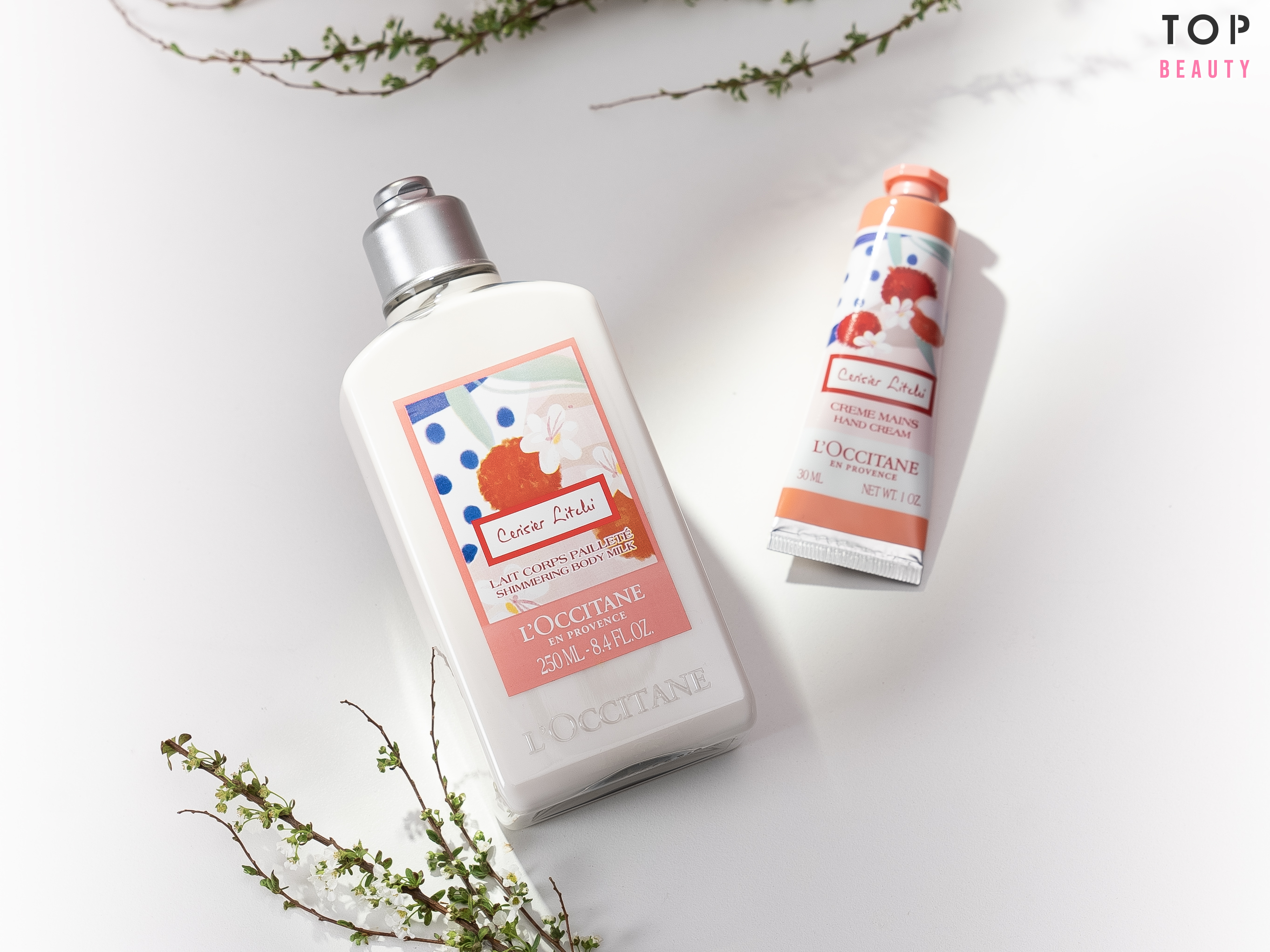 L’Occitane 櫻花荔枝閃亮潤膚露 $260;櫻花荔枝潤手霜 $90