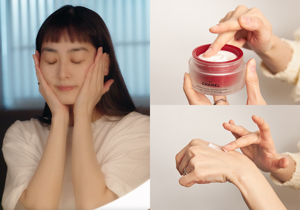 Evelyn堅持每天做面部瑜珈，均勻塗上「世一精華」於面上，沿著腮邊用拇指和食指以「一捏、一扭」的動作向上按摩，先從嘴角按摩至耳際，再由鼻側按摩至顴骨。