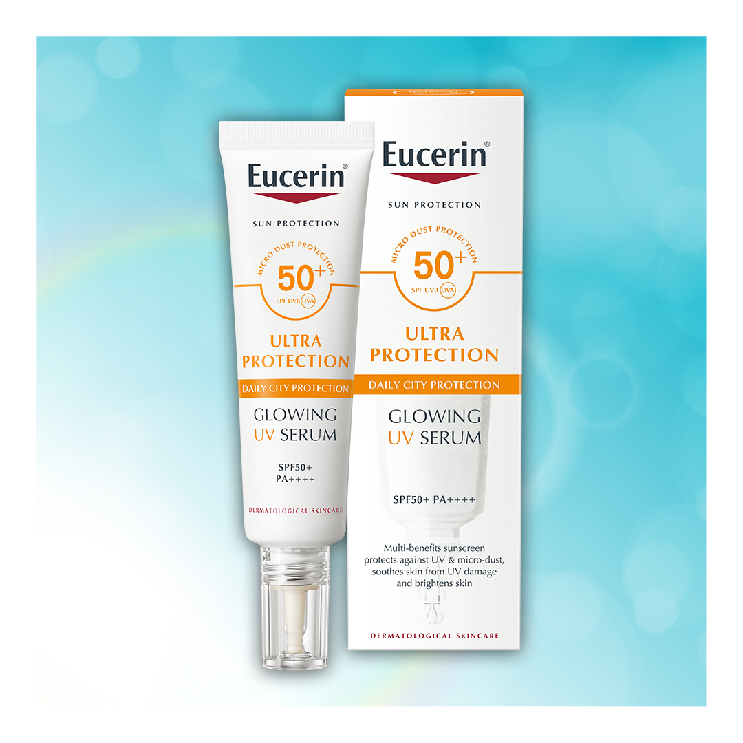 Eucerin煥白舒潤防曬精華乳利用德國防曬科技,並具備最高規格防曬系數SPF50+ PA++++,可以全面抵禦UVB、UVA、長波段UVA及藍光。
