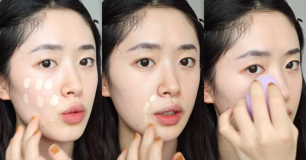 以指腹用點塗的方式將粉底液上臉，在用沾濕的粉底撲輕輕拍打均勻，以少量多次來進行。