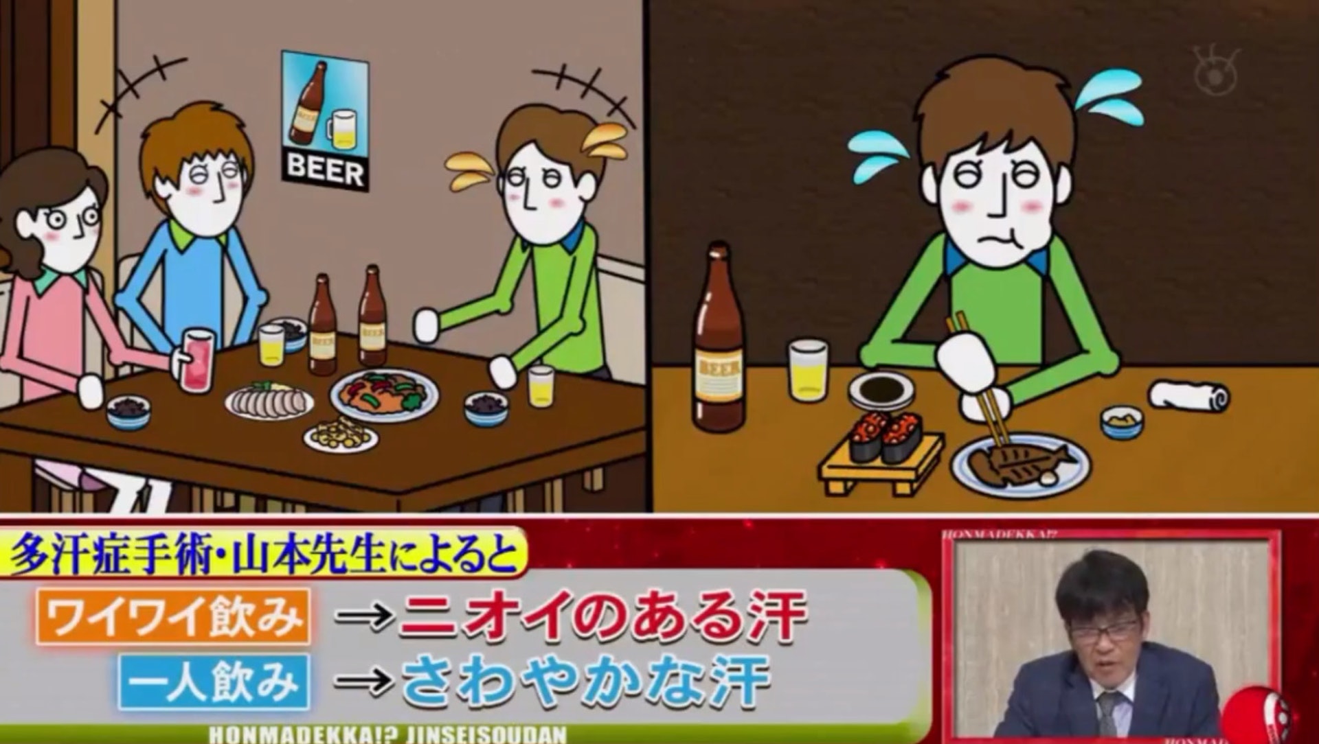 在熱鬧的環境下喝酒,會分泌特殊臭味導致狐臭。相反,獨自在安靜的環境下喝酒,分泌的汗水會相對較少、無味。