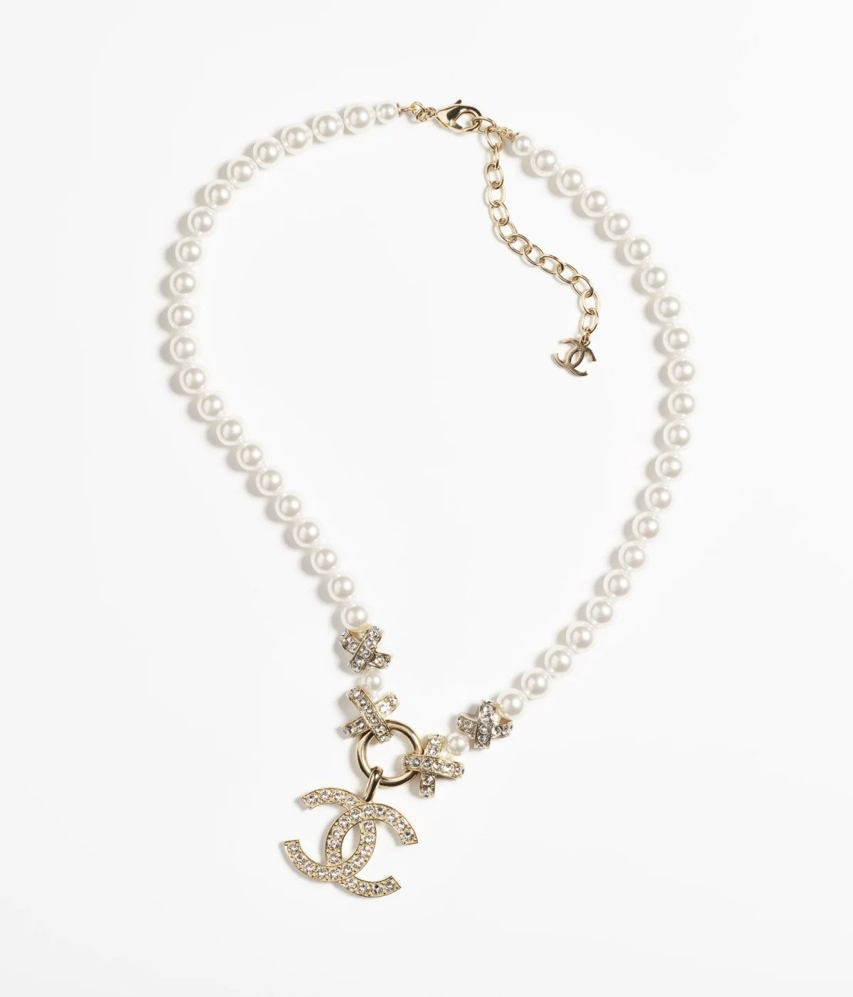 CHANEL 金屬珍珠水晶雙C吊墜項鍊 HK$12900