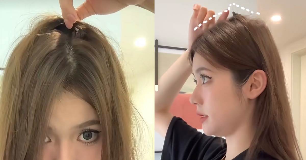 將頭髮中分或三七分,從左邊取一小縷頭髮往反方向放過去,接著用迷你抓夾夾住。