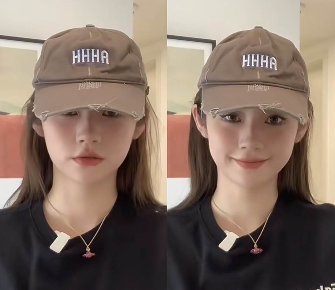 再戴上帽子,顱頂就會被撐高,達到小臉的效果。