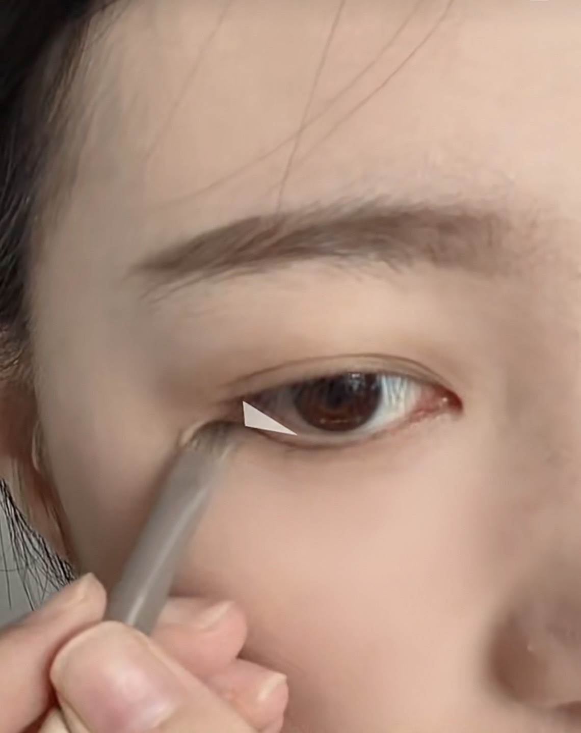 眼鏡的邊框會擋住上眼瞼,下眼瞼的部分便可以加寬,可使用刀鋒刷沾取棕色眼影。