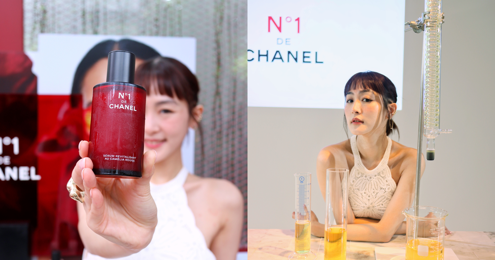 Evelyn：「從第一次接觸到今天，我一直都在進行一個和自己的約定——讓皮膚變得更加健康。而協助我的就是CHANEL一號紅山茶花精華液。」