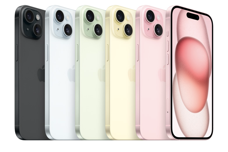 iPhone 15、iPhone 15 Plus新色,分別是粉色、黃色、黑色、藍色、綠色。