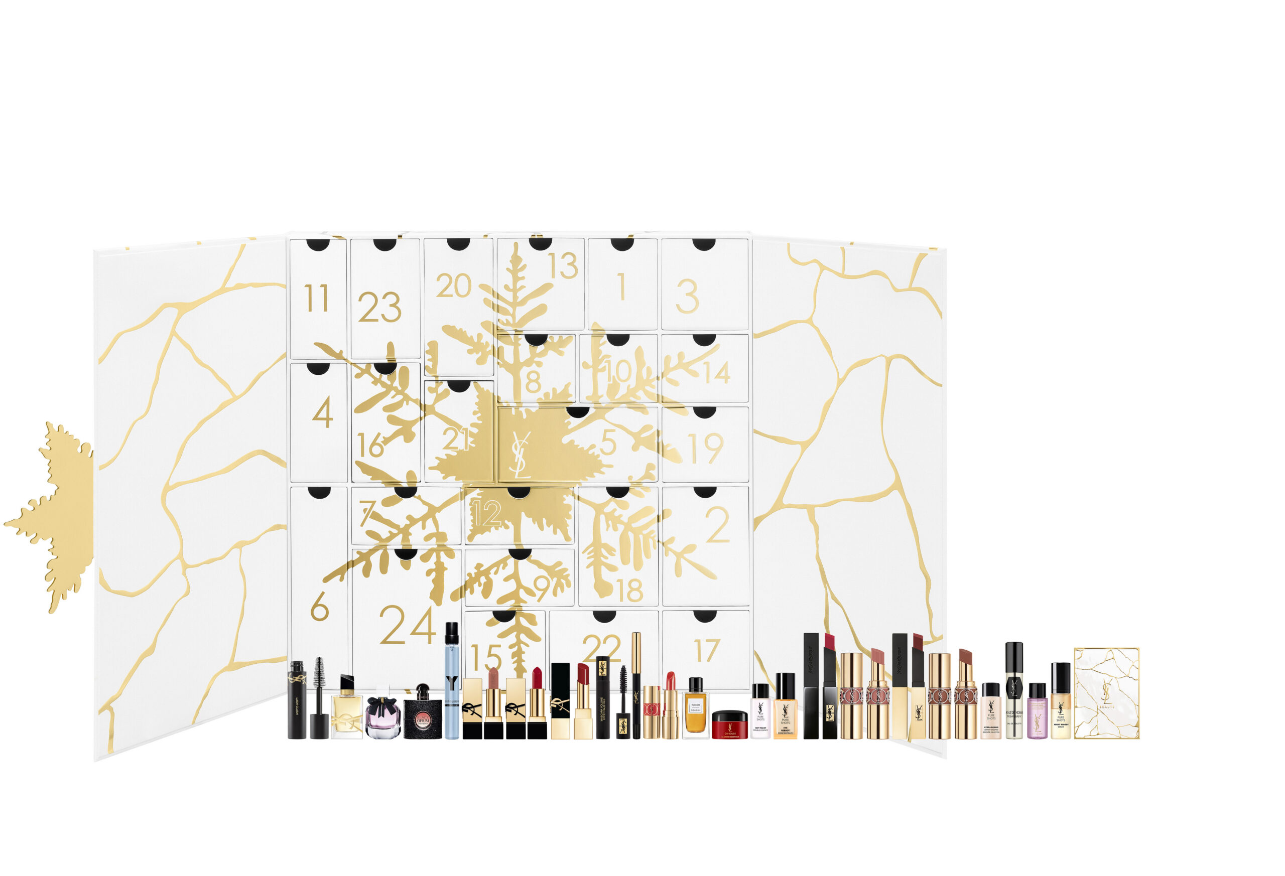 YSL BEAUTÉ 2023 節日限量版倒數月曆禮盒有24格抽屜設計,涵蓋各款YSL皇牌產品