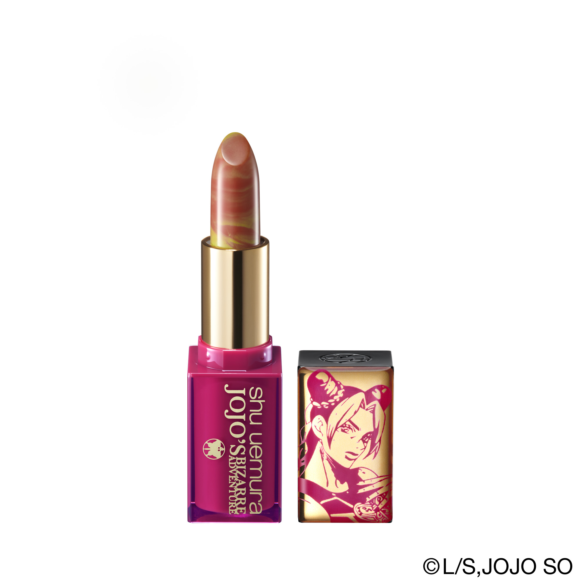 復刻JOJO經典迷幻紋路為靈感塑造的無色限唇膏，進入奇異多彩的冒險世界。 以 JOJO 標誌性粉紅與青檸綠混合成獨特的大理石紋限定奶杏色調。