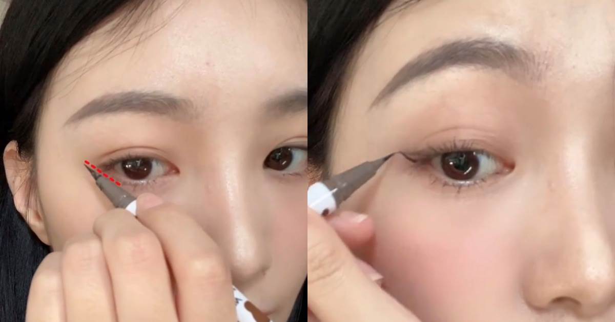 將眼線液筆放在下眼瞼與下至延長線平行的位置，並從眼尾拉出一條眼線。