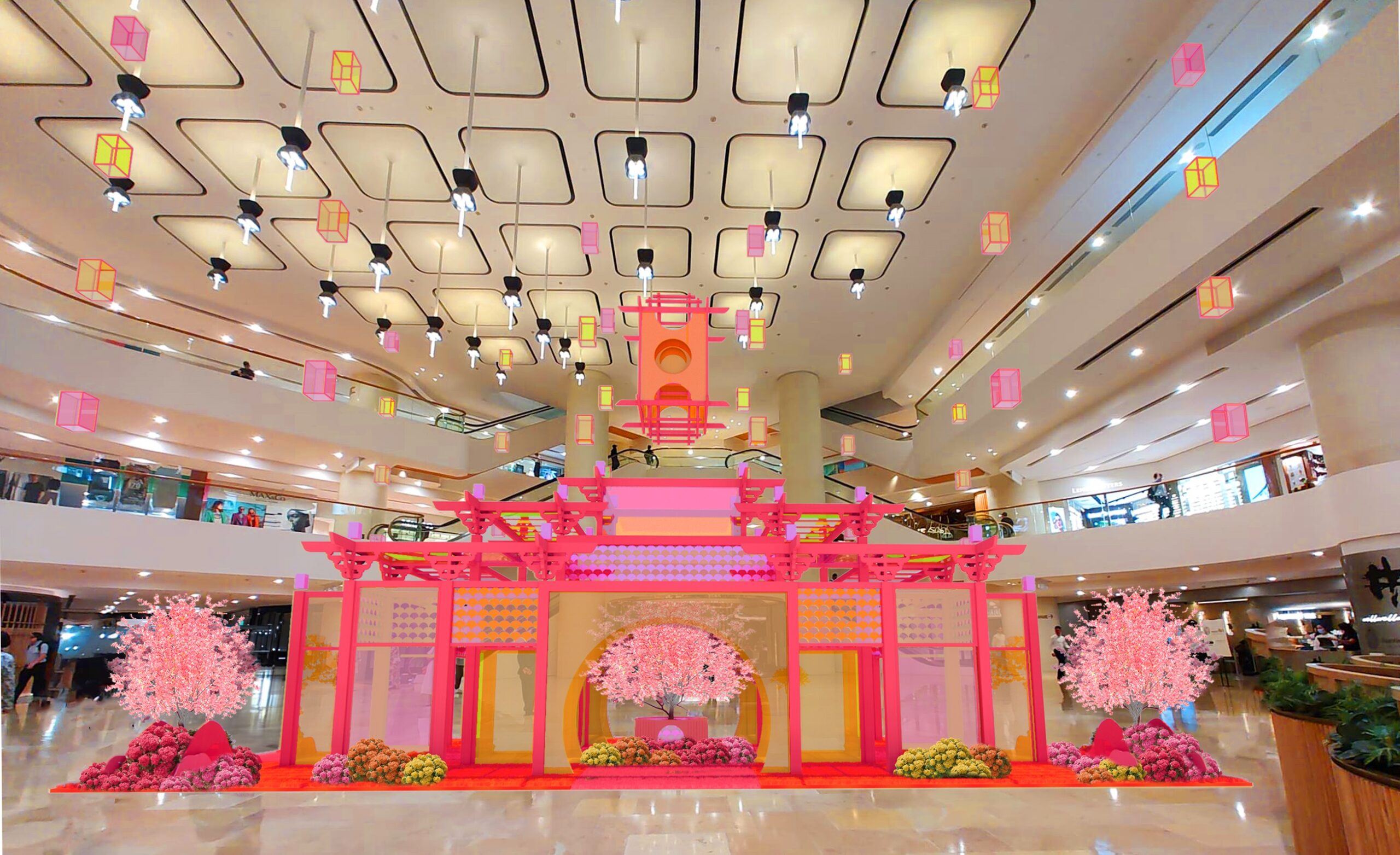 以中國傳統園林建築為靈感，糅合現代設計手法，運用色彩和花藝，在細節上呈現龍的元素。