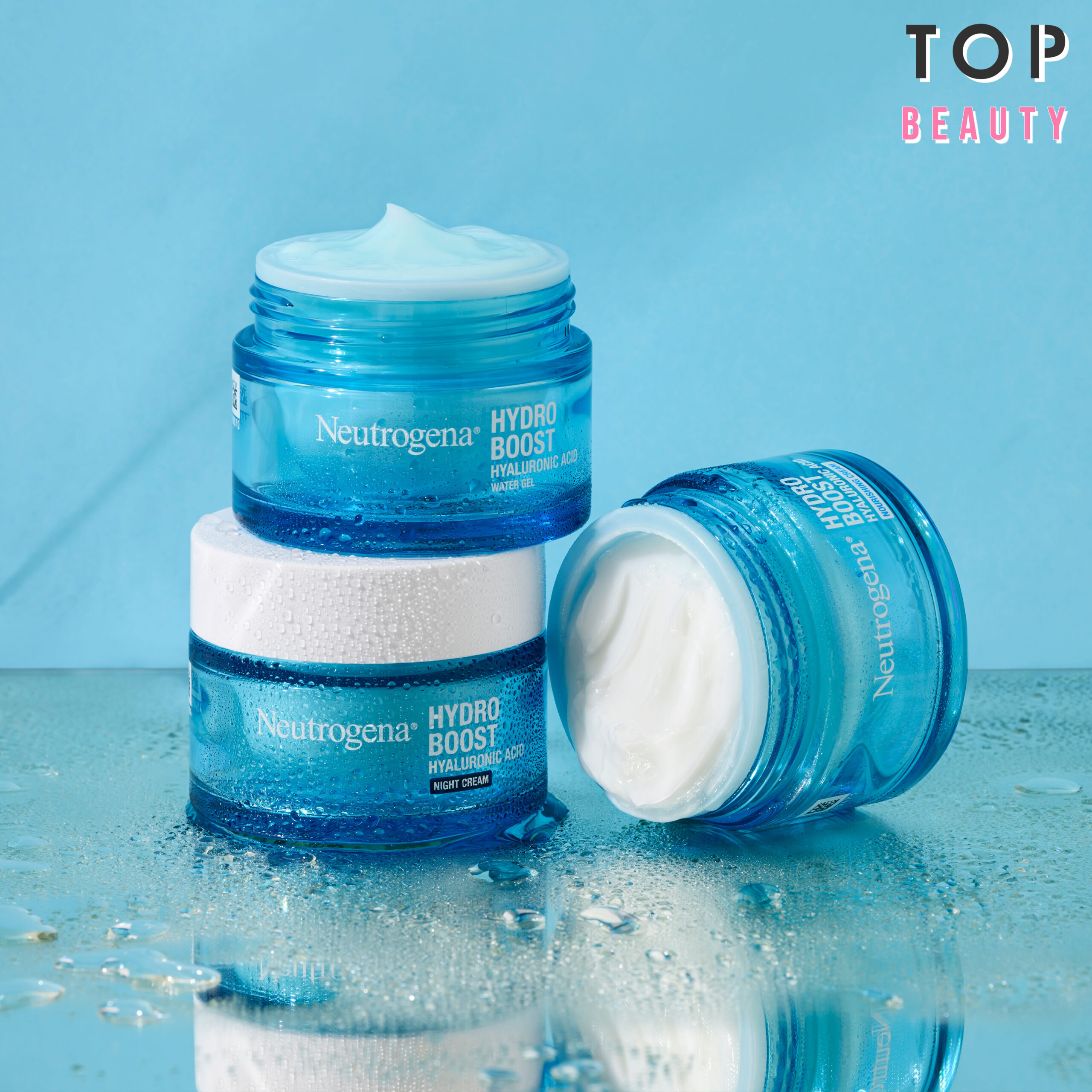 「Neutrogena Hydro Boost水活保濕凝露」(左上)、「Neutrogena Hydro Boost水活保濕晚霜」(左下)及「Neutrogena Hydro Boost水活保濕無香特潤凝霜」(右)。