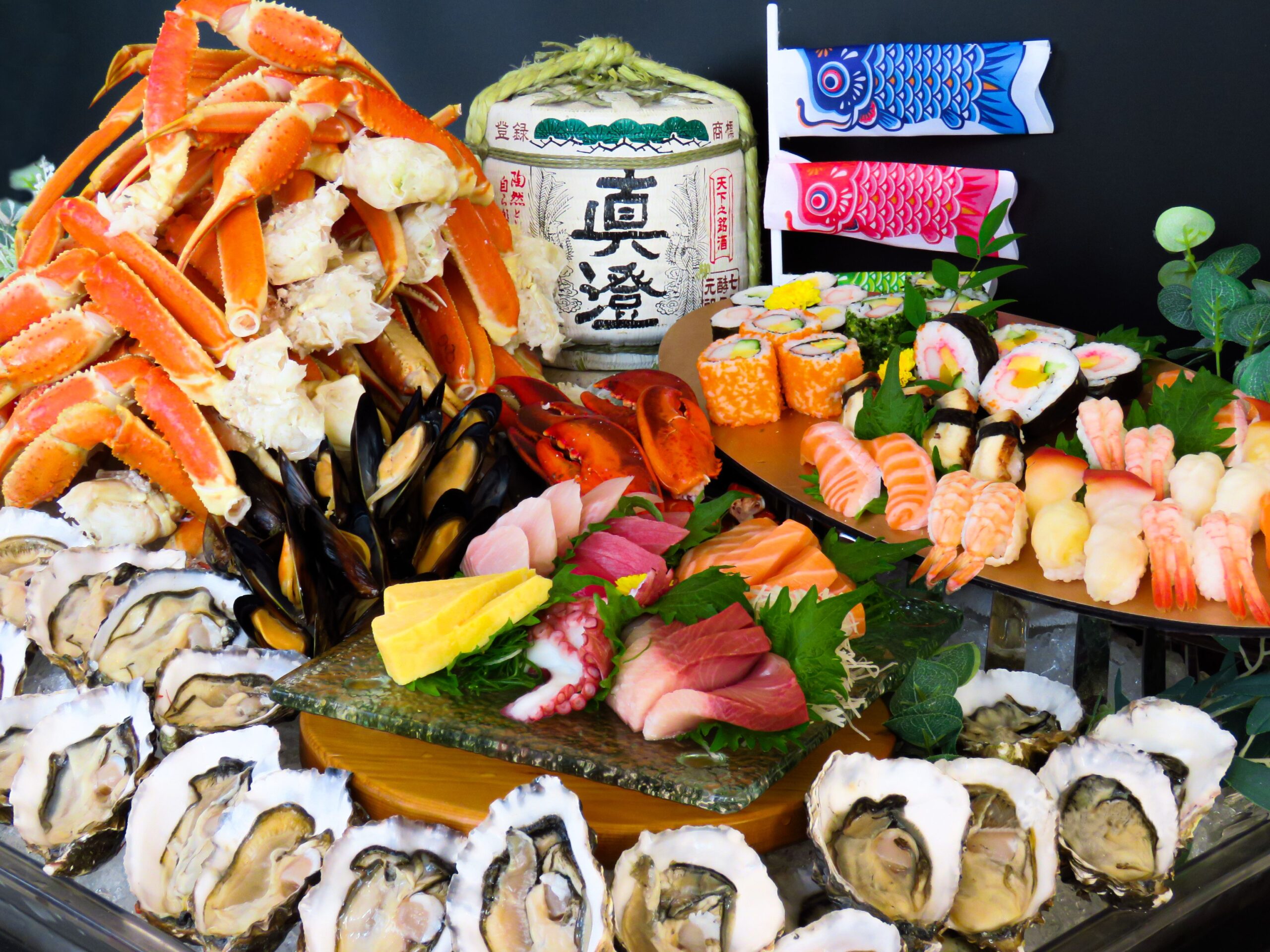 即開生蠔、蟹腳、磯燒鮑魚、精選日本刺身及壽司。