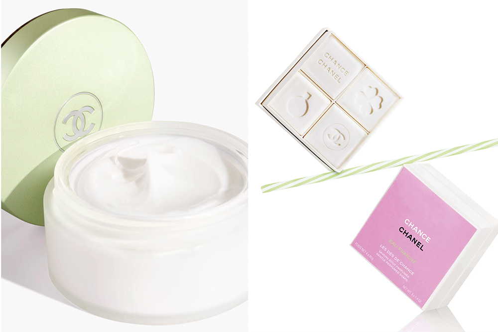 延續自CHANCE EAU FRAÎCHE香氣的，還有CHANCE EAU FRAÎCHE身體乳霜（左）及限量LES DÉS DE CHANCE EAU FRAÎCHE溫和香氛皂（右），不能錯過！