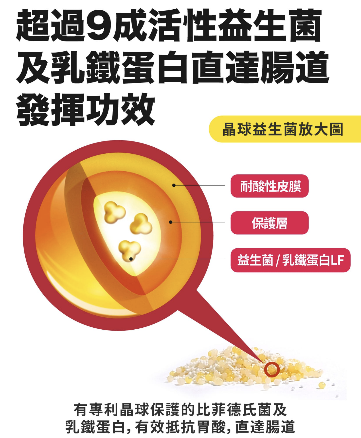 「3層耐酸性晶球技術」確保最少90%的活性益⽣菌通過胃酸直落腸道。