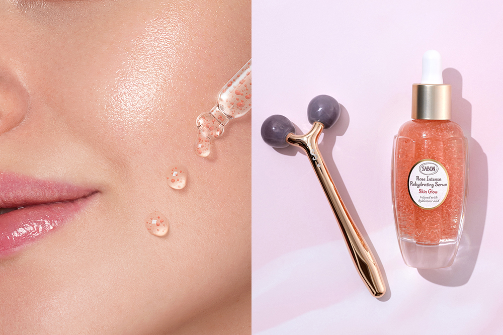 以玫瑰保濕再生微精華配合水晶亮顏按摩滾輪使用,加速吸收之餘,還有助去水腫。