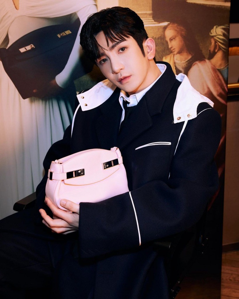 Anson Lo 大膽使用粉紅色 Ferragamo Hug Bag。