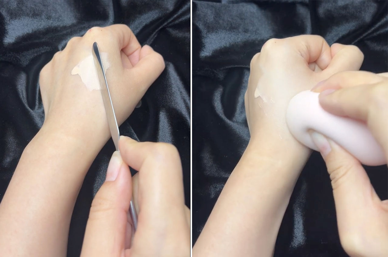 上妝速度：53秒，再用美妝蛋「點壓輕拍」。