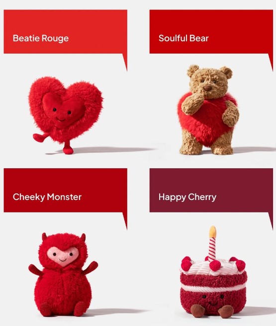 Jellycat推出的情人節禮物，完美結合了心意與可愛，每一件都充滿溫馨與浪漫。