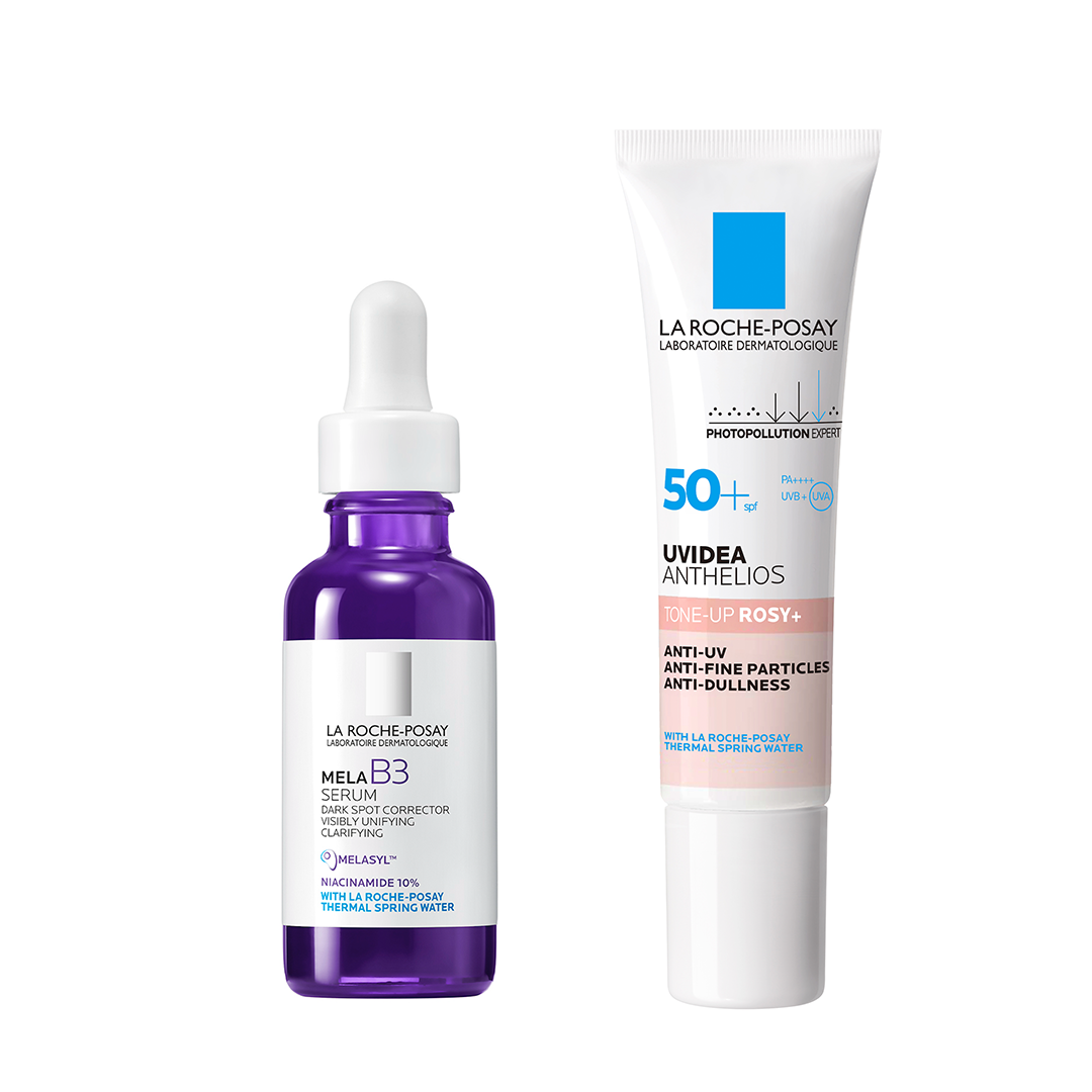 Mela B3透光淡斑精華及每日高效提亮防曬霜（粉色）。