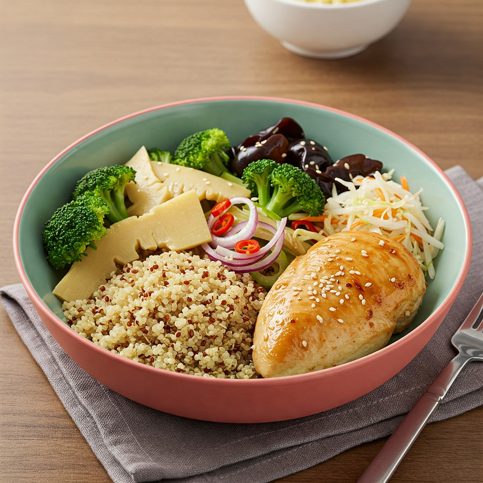 午餐泫雅在主食部分選用營養豐富的藜麥,搭配以簡單調味烘烤的雞胸肉