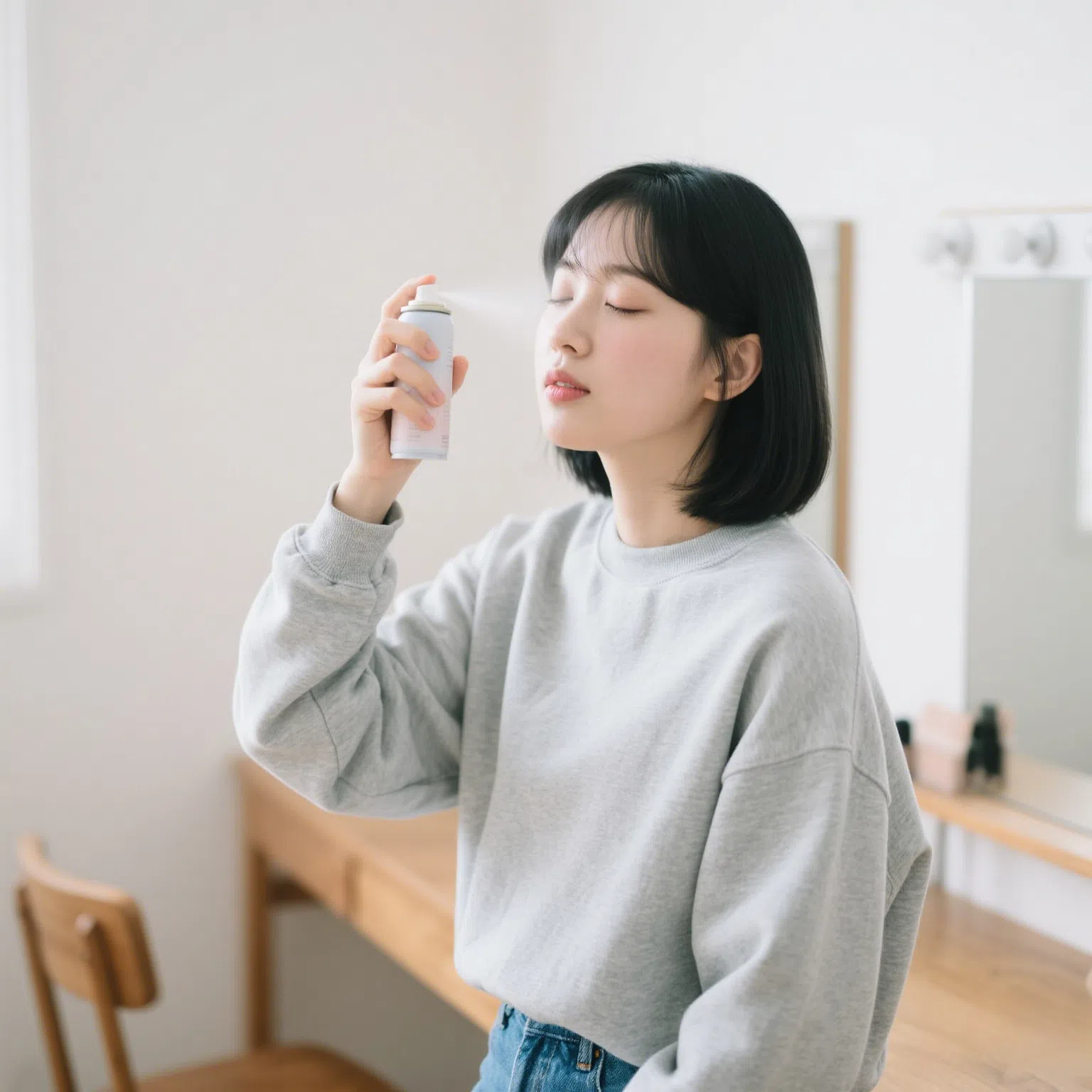 在距離面部30cm的位置噴上定妝噴霧。
