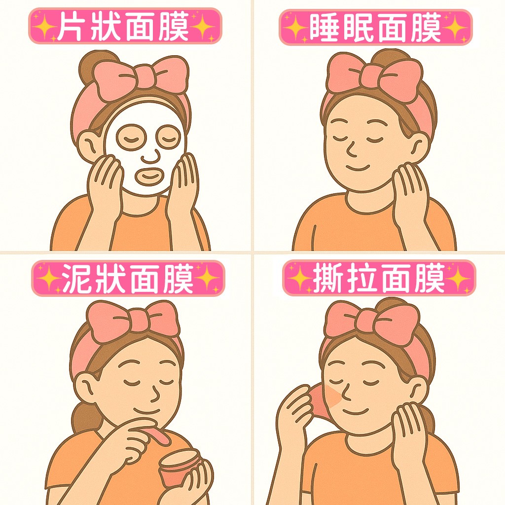 場面的面膜類型共有4種,而其中無論是用法、步驟還是適用人群,均各有不同。