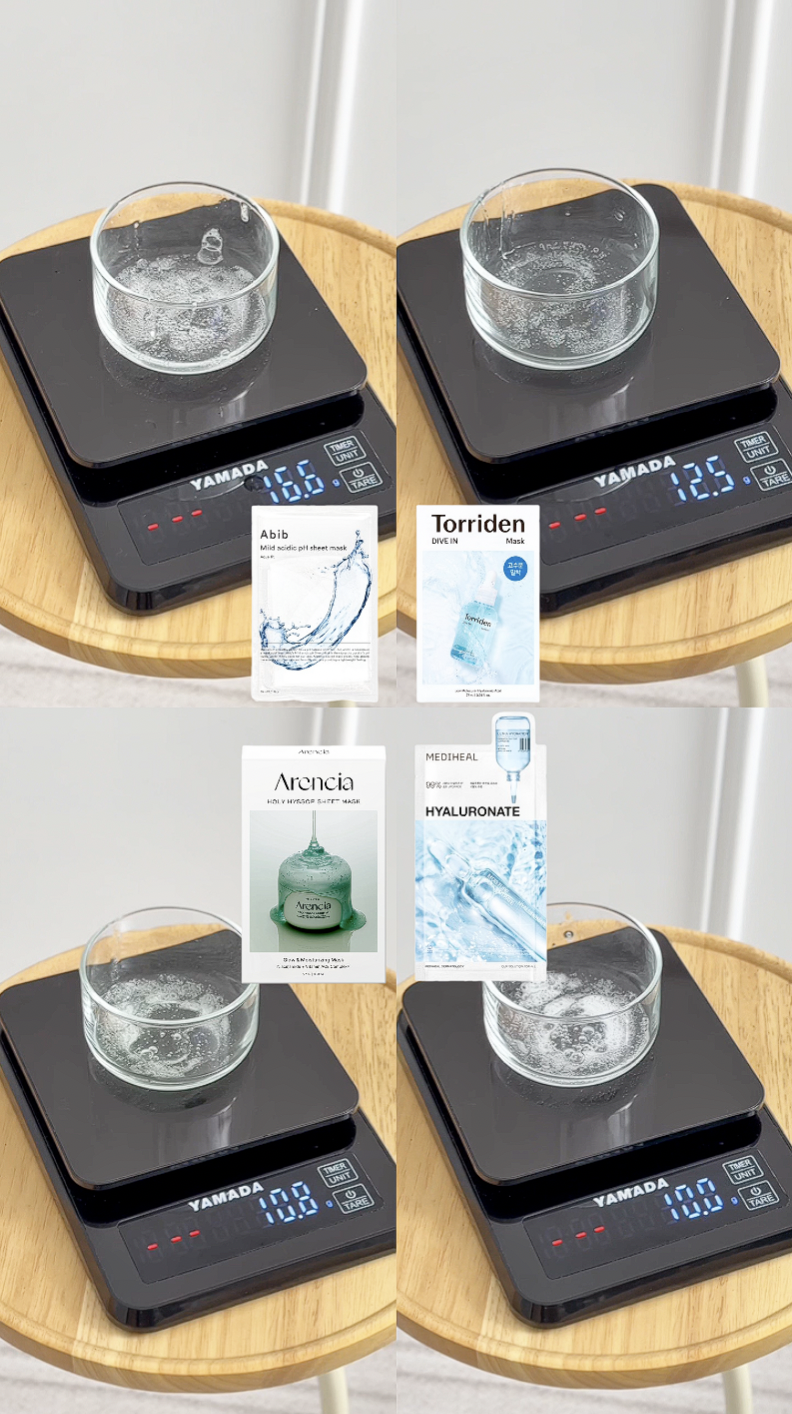 美編用電子磅量度各面膜的精華容量。