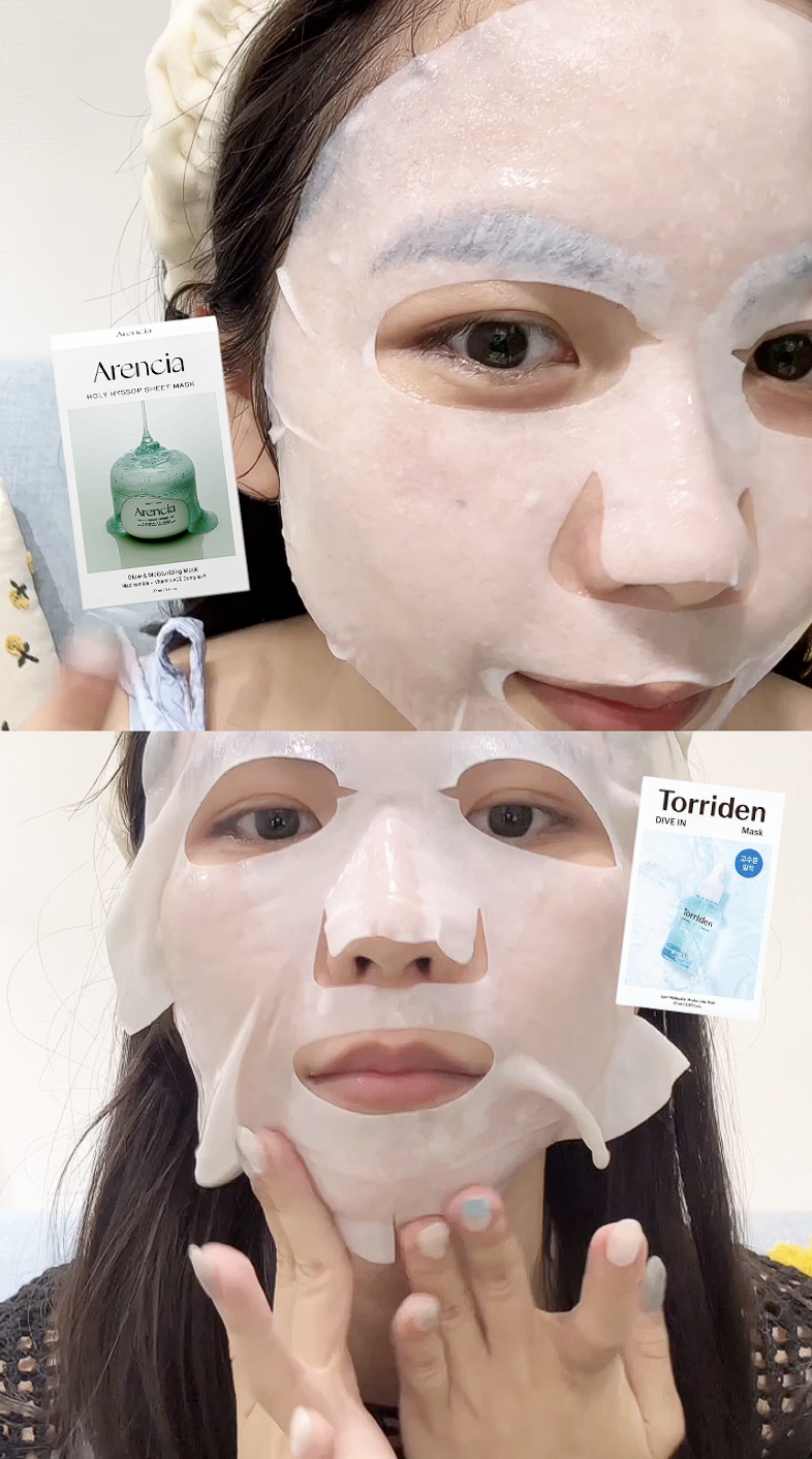 而Arencia和Torriden面膜紙則相對較厚,貼上面似乎不太適合美編的面形!