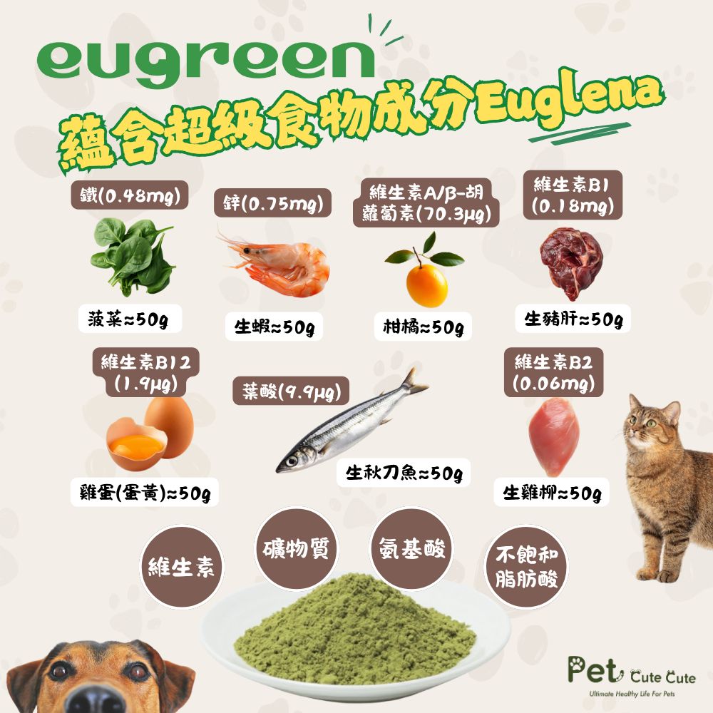 裸藻可以起到排毒養顏的作用,防止狗狗淚液過多、皮膚過敏的問題。