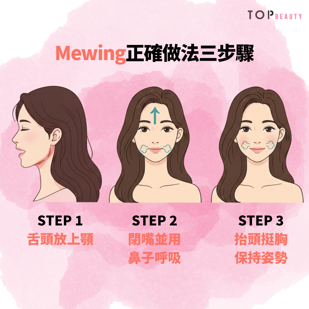 Mewing的正確做法是透過三個簡單步驟:將整個舌面輕貼上顎、閉嘴並用鼻子呼吸、以及保持抬頭挺胸的正確體態,並將其融入日常生活,長期堅持以達到改善臉型和呼吸習慣的效果。