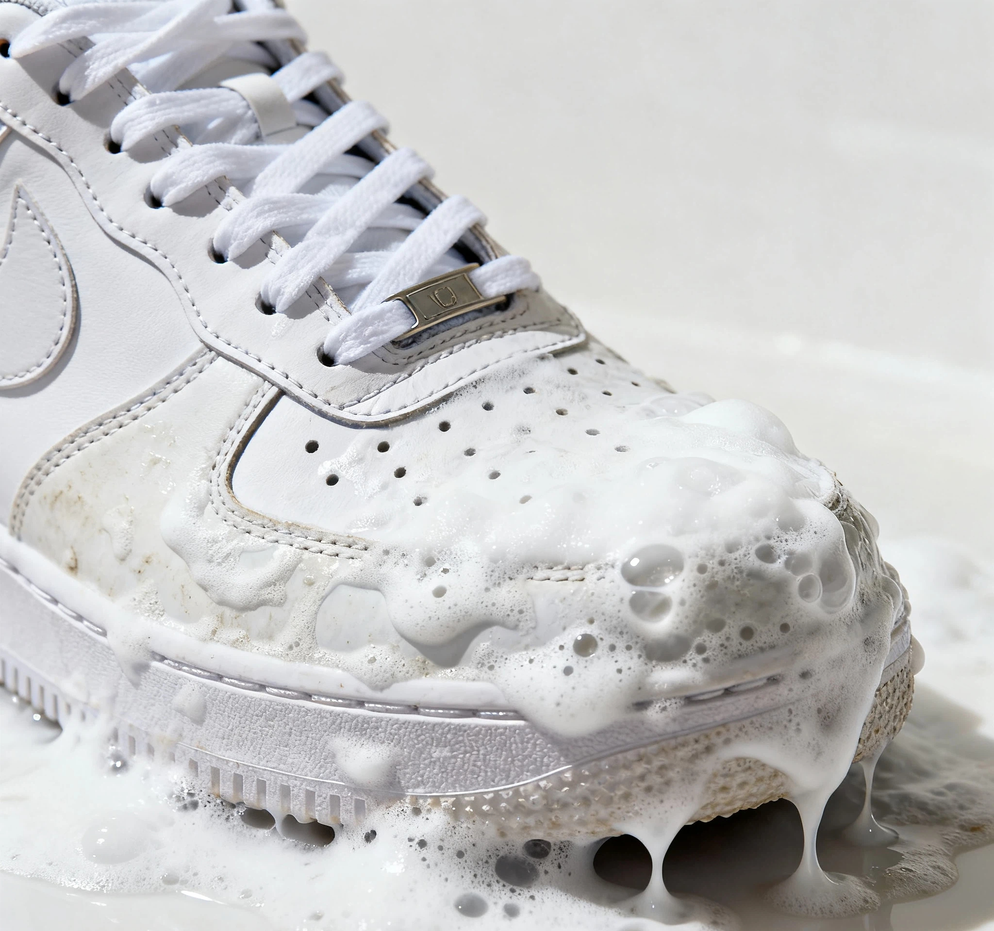 搓洗三至五分鐘，鞋身的灰黃污漬幾乎完全消失。