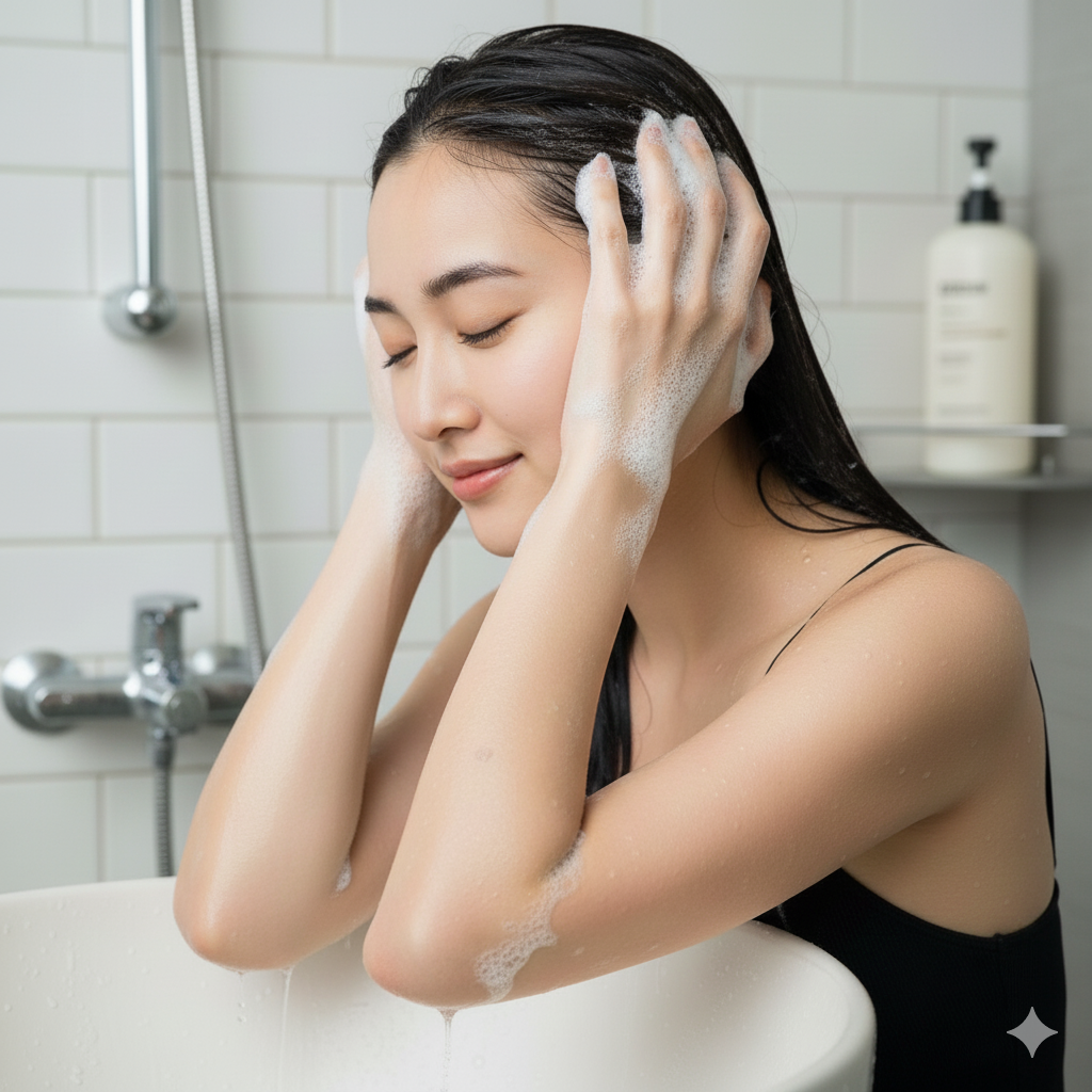 使用指腹（非指甲）以畫圓的方式輕柔按摩頭皮約2-3分鐘